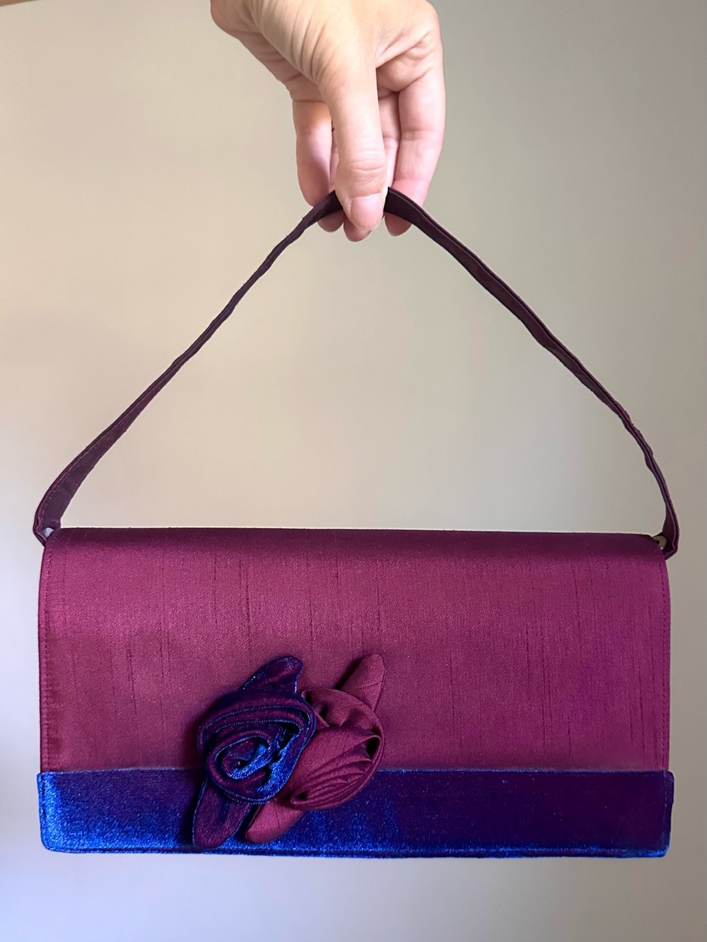 Y2K Vintage Prom Formal Purse Handbag - Burgundy Red Velvet Roses East West